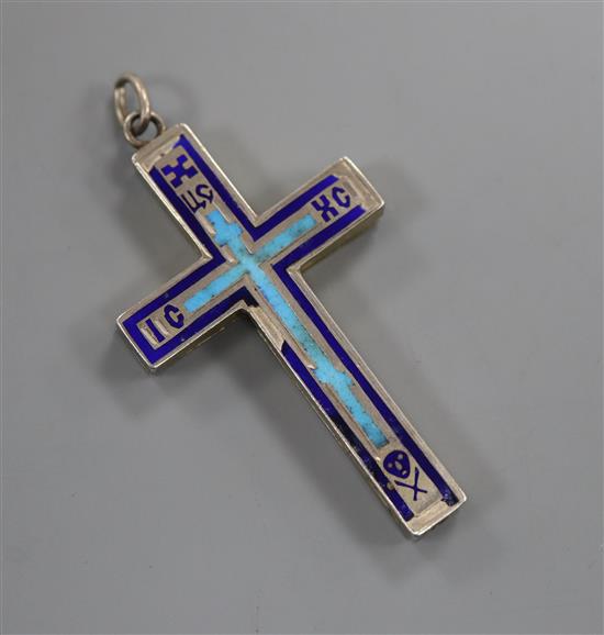 An early 20th century Russian 84 zolotnik and enamel reliquary cross pendant, 46mm.